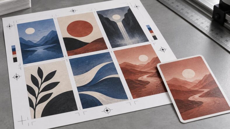 Macro workshop view of a printed sheet containing six unbranded landscape-art cards, with crop marks, circular registration targets, color bars, a metal ruler, and one trimmed card placed in the foreground.