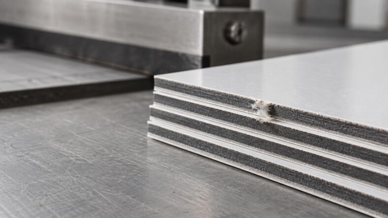 Macro view of layered card stock or laminated sheets on a metal cutting table, with frayed burrs visible along one cut edge beneath a cutter assembly.
