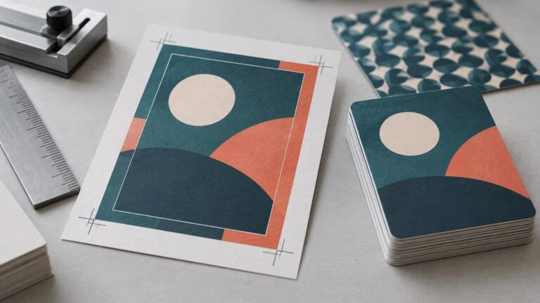 Macro workshop scene showing an unbranded geometric card design on a printed sheet with crop and registration marks, beside a stacked deck of matching rounded-corner cards, a metal ruler, and a cutting tool.