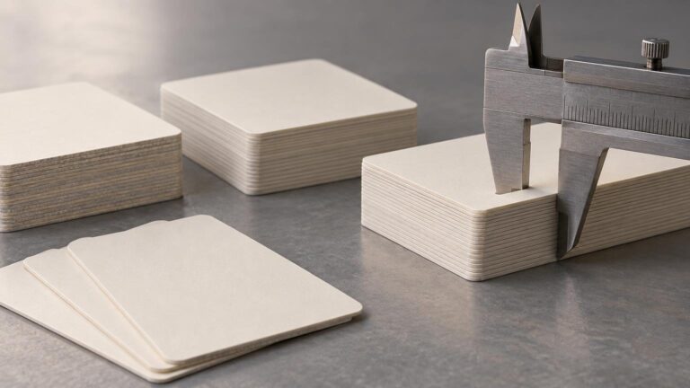 Macro workshop view of several stacks of blank rounded-corner paperboard cards on a gray surface, with a metal caliper positioned around one stack.