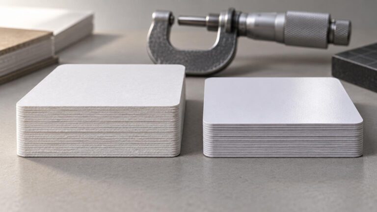 Two stacks of plain rounded-corner white cards of visibly different thickness sit on a gray work surface, with a metal micrometer and additional paper stacks behind them.